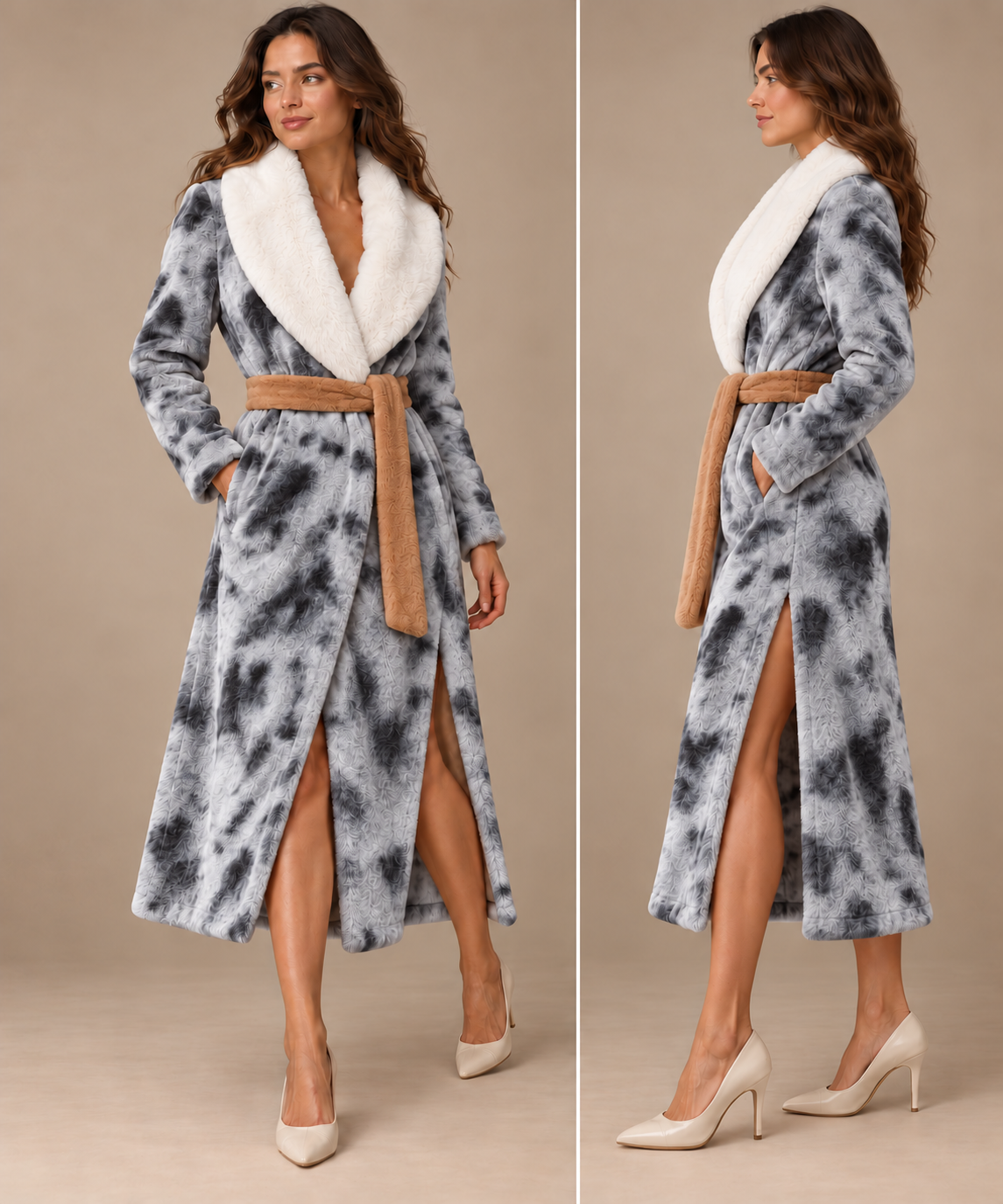 The Adora Robe shown from the front and side with light gray and black blue-merle markings, a white furry collar, a tan belt and side slit