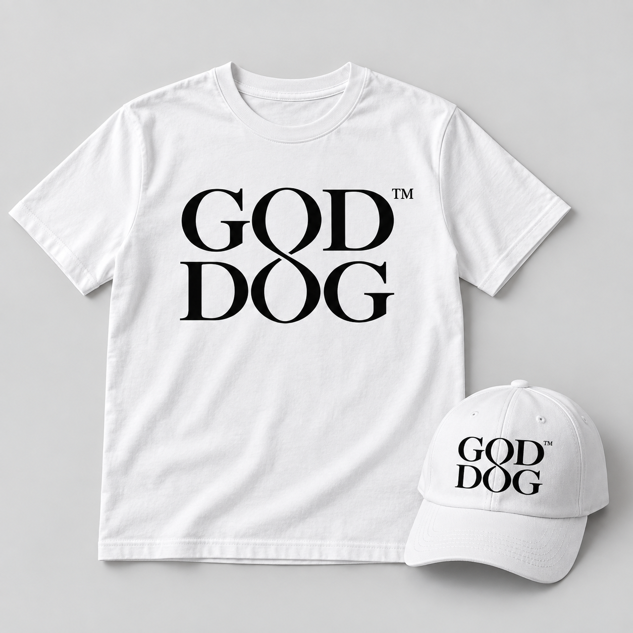 White God Dog T-shirt and baseball cap featuring the black trademark infinity logo