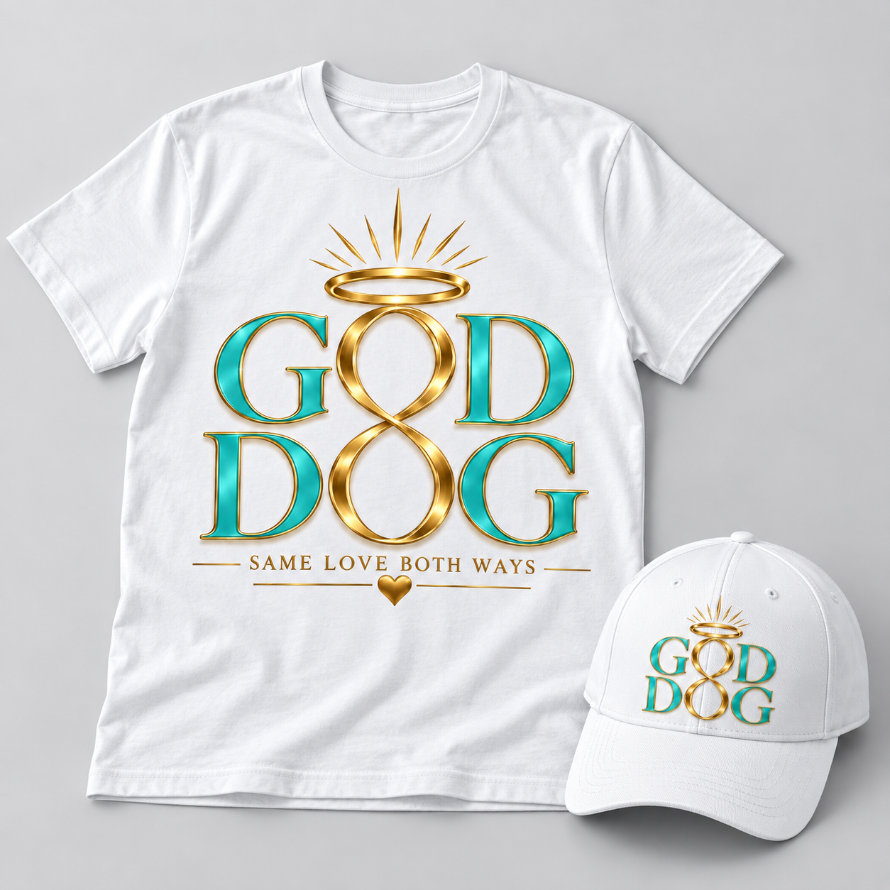 White God Dog T-shirt and baseball cap featuring the teal and gold halo logo
