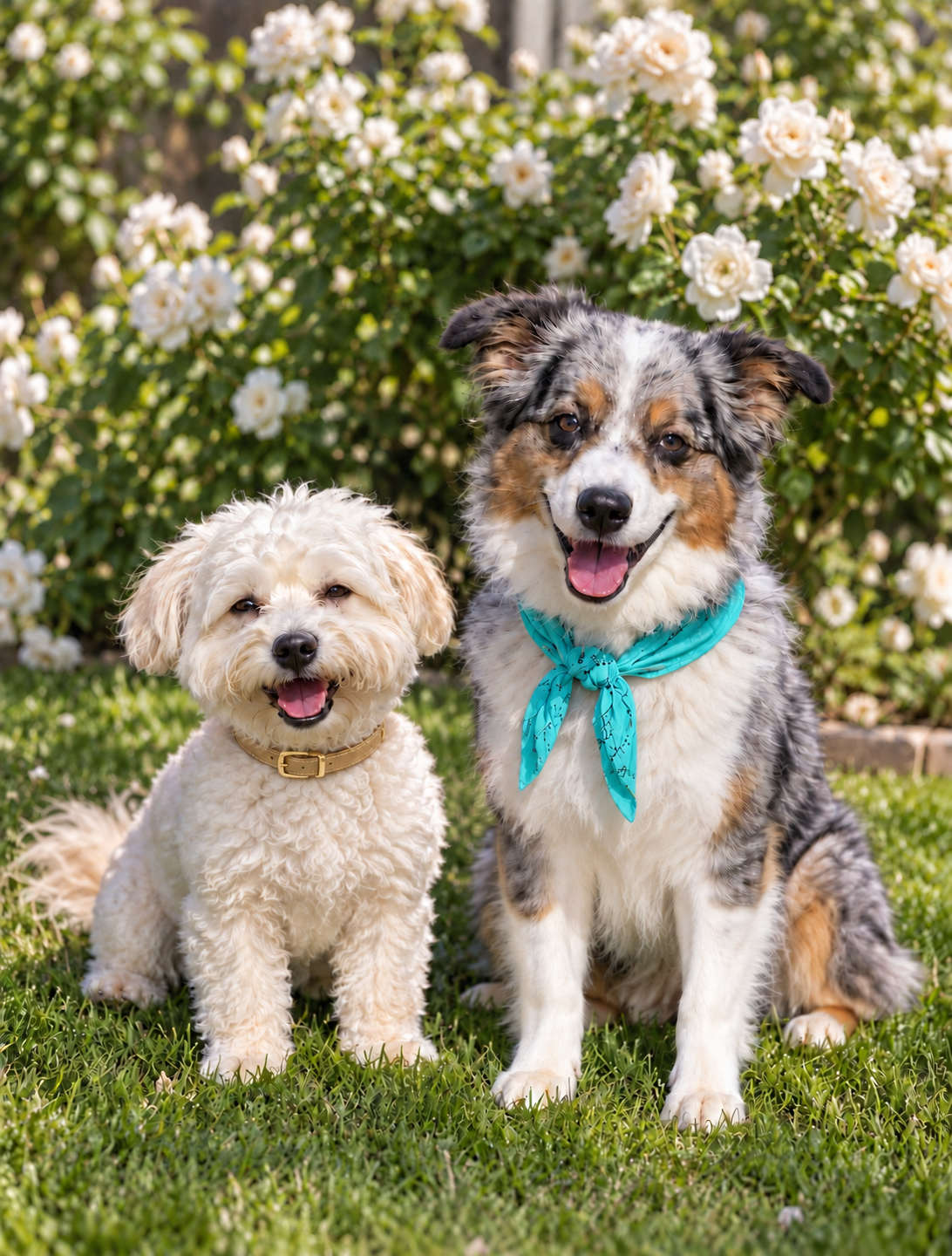 Beau wearing a gold collar beside Adora, our blue-merle Australian shepherd, wearing a teal bandanna in a white rose garden